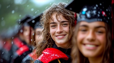Smiling graduates enjoying their commencement ceremony in the rain, AI generated