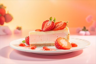 Slice of strawberry cheesecake on plate. KI generiert, generiert AI generated