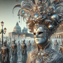 Majestic carnival masks as statues in Venice at sunrise with reflections on water on grand canal,