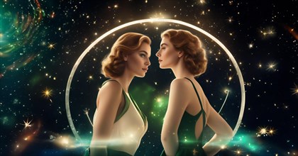 Young woman Gemini by zodiac sign with brown hair and green eyes against the background of the