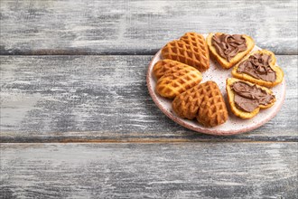 Homemade waffle with chocolate butter on a gray wooden background. side view, copy space