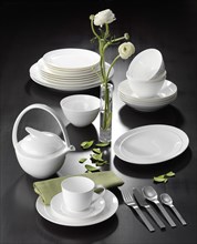 Plates, cups, cutlery, table decoration