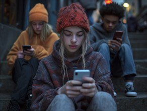 Several young people look bored at their cell phones, neglect social contacts, sport, reading, AI