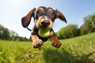 Dachshund puppy with big, expressive eyes playing with ball in green, grassy outdoor environment on