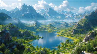 Serene landscape with towering mountains, a calm lake, and lush greenery under a blue sky, AI