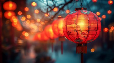 Warm glowing red lanterns create a festive and traditional Chinese atmosphere, AI generated