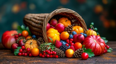 Vibrant autumn fruits and berries tumble from a cornucopia with scattered leaves around, AI