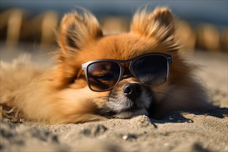 Small dog with sunglasses at beach. KI generiert, generiert AI generated