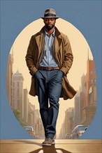 Illustrated man in casual attire stands on a city street with tall buildings under a clear sky ai