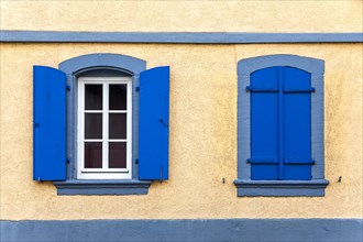 Window with blue shutters, Southern Palatinate, Rhineland-Palatinate, Germany, Europe