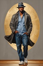 Portrait of american african 40s year old man cat walk pose wear jeans, trench coat and plain shirt
