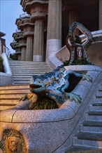 Dragon Staircase, Staircase in Park Güell, Sculpture Salamander El Drac, Mosaic, Trencadis,