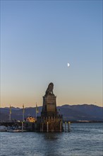 Lindau on Lake Constance, entrance to the harbour, Bavarian lion, pier, motorboats, view of the