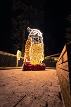 Shimmering light sculpture in the shape of a penguin at night, enchanting forest dwellers, treetop