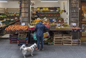Woman with dog shopping in front of a greengrocer's shop in the historic centre, Genoa, Italy,