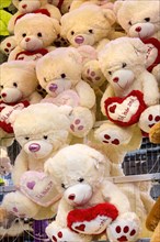 Teddy bears, cuddly toys with heart, I love you, prizes, raffle prizes, lucky draw, lottery stand,