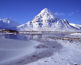 The mountains of Glencoe, Scottish Highlands, in winter. The main peak is Buachaille Etive Beg