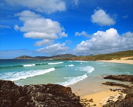 Breakers roll in to white-sand beach at Horgabost Bay, Scarasta, Harris, Outer Hebrides, western
