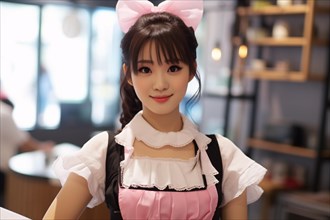 Asian woman dresse dup in cute maid costume in maid cafe in Japan. KI generiert, generiert AI
