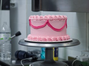 A pink ruffled cake displayed on a rotating stand in a professional kitchen lab of bakery
