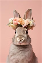 Bunny with flowers on head in front of pink background. KI generiert, generiert AI generated