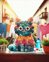 A whimsical cat sculpture made from colorful yarn balls sits beside laundry items, AI generated