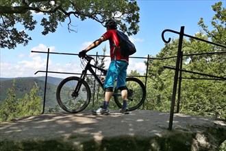 Mountain biker enjoys the view of the Palatinate Forest above Neustadt an der Weinstrasse
