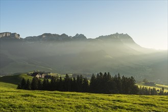 Appenzellerland, view of the Alpstein mountains with Saentis in the light of the evening sun,