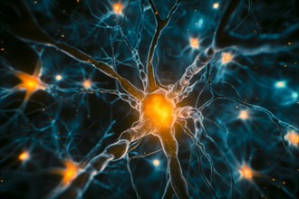 A single neuron with glowing synapses gives a feeling of activity and energy, AI generated, AI