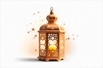 Golden Ramadan lantern on white background emits a warm glow, surrounded by sparkling stars,