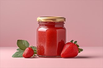 Jar with red strawberry jam or marmelade. KI generiert, generiert AI generated