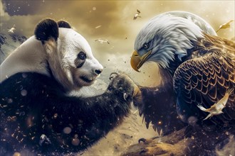 A panda and a bald eagle face each other in battle, surrounded by dust particles and beams of
