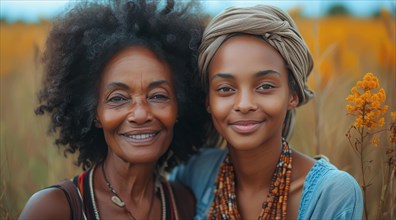 An elder and younger woman with joyful expressions in a field, wearing cultural headscarves and