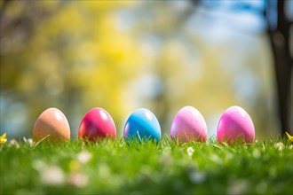 Colorful easter eggs ina row in grass. KI generiert, generiert AI generated