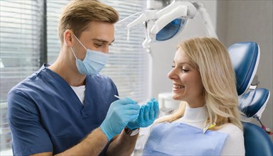 AI generated, A dentist treats a young woman, Blonde, 30, 35, years, Dental treatment, Follow-up