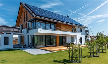 Modern house with solar panels installed on the roof. Modern house with solar panels installed on