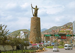 Inca statue of the ruler Pachacutec in Cusco, Cusco province, Peru, South America