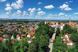 Aerial view of Dingolfing with a view of the historic town centre. Dingolfing, Lower Bavaria,