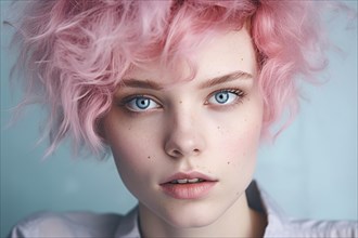 Portrait of young woman with light blue eyes and short pink hair. KI generiert, generiert AI