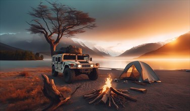 American powerful four-wheel drive 4x4 off road vehicle next to a serene lake with a campfire and