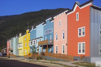 Colourful facades of a hotel, wood, Boardwalks, Dawson City, Yukon Territory, Canada, North America