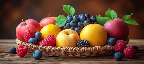 A rustic wicker basket filled with an assortment of fresh fruit on a wooden table, AI generated