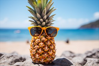 Funny pineapple fruit with sunglasses at beach. KI generiert, generiert AI generated