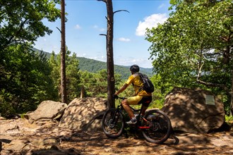 Mountain biker takes a break at the summit of the Nollenkopf near Neustadt in the Palatinate Forest