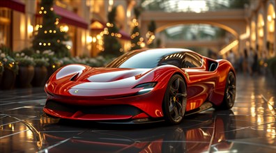 Red Ferrari in a high-end shopping arcade with sunset light casting warm glows and reflections, AI