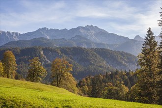 Graseck Alm with Wetterstein mountains, Garmisch-Partenkirchen, Werdenfelser Land, Upper Bavaria,