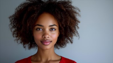 Portrait of a smiling woman with a natural afro hairstyle and red attire, AI generated