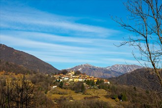 Alpine Village Breno with Mountain View in a Sunny Day in Malcantone, Ticino, Switzerland, Europe