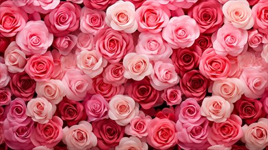 Valentine day background of close-up view of a beautiful mix of pink, red and white roses,