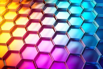 Metallic honeycomb pattern illuminated with vibrant gradient colors abstract background, AI